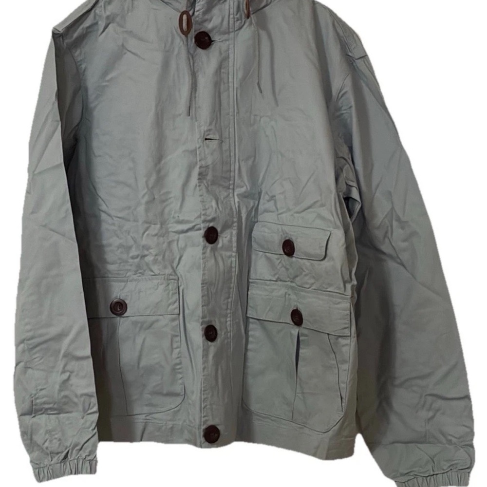 Farah Vintage Men’s Size Large Hooded Button Up  Jacket, Light Green Khaki Color